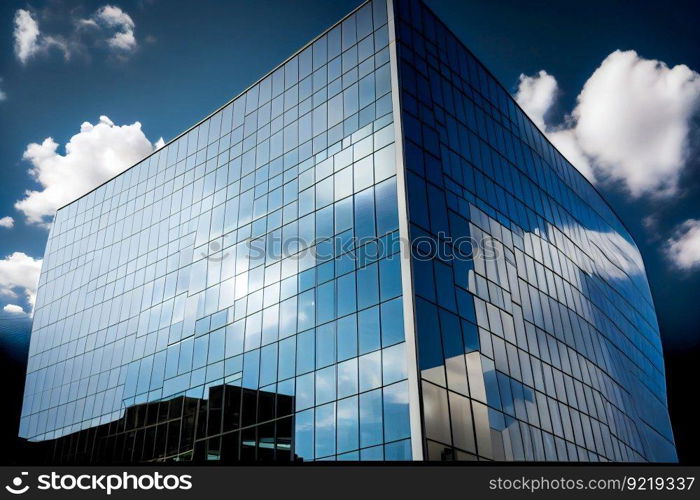 Glass building under blue sky and white clouds.  Generative AI
