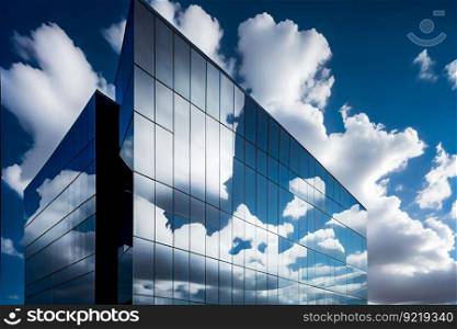 Glass building under blue sky and white clouds.  Generative AI 