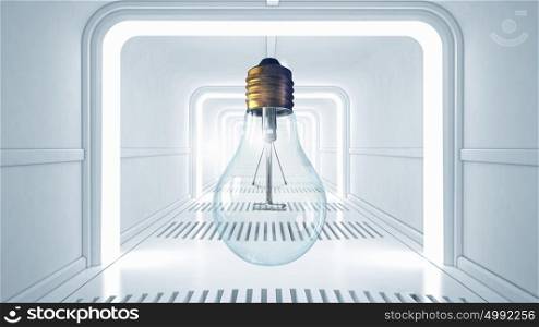 Glass bulb in interior. Modern 3d interior design with glass light bulb in center. Mixed media