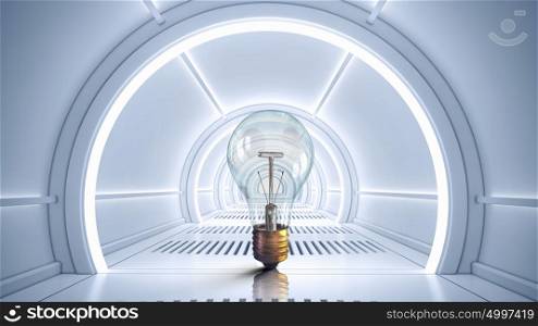 Glass bulb in interior. Modern 3d interior design with glass light bulb in center. Mixed media
