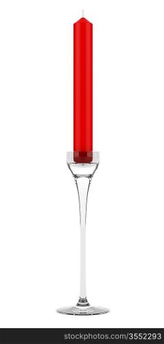 glass candlestick with red candle isolated on white background