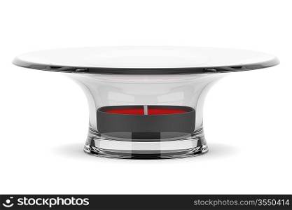 glass candlestick with small red candle isolated on white background