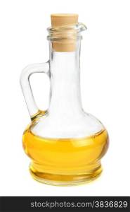 Glass carafe with vegetable oil isolated on white background