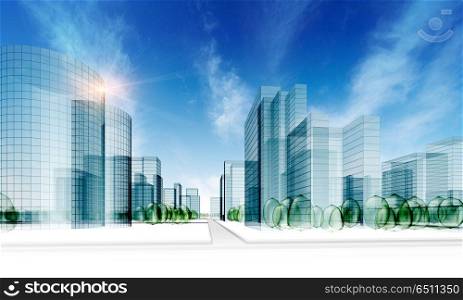 Glass city 3d rendering. Glass city. Abstract 3d rendering modern construction