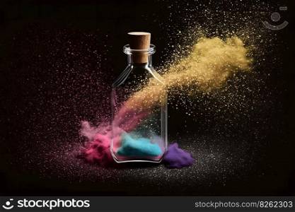 glass container with colored sand on rainbow splash background. Neural network AI generated art. glass container with colored sand on rainbow splash background. Neural network AI generated