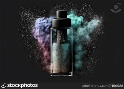 glass container with colored sand on rainbow splash background. Neural network AI generated art. glass container with colored sand on rainbow splash background. Neural network AI generated
