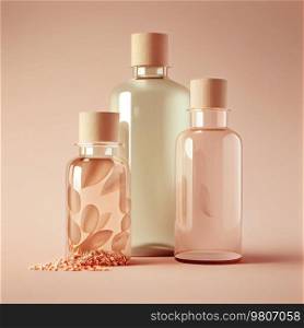 Glass Cosmetic Bottles on Beige Background. Illustration AI Generative