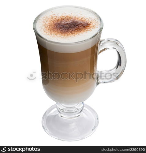 Glass cup mix latte coffee foam, white background