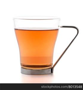 Glass cup of black tea isolated on white background.