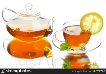 Glass cup of black tea. Isolated on white background