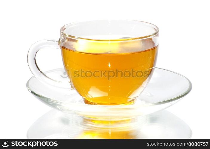 Glass cup of black tea. Isolated on white background