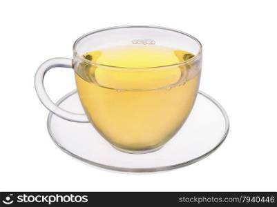Glass cup of fresh green tea isolated on white background
