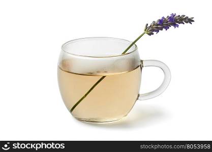 Glass cup of lavender tea on white background