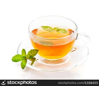 Glass cup of tea with mint isolated on white