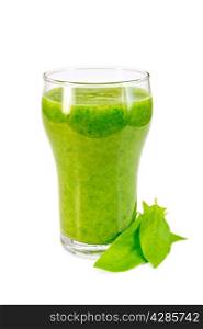 Glass cup with a cocktail of spinach, spinach leaves isolated on white background