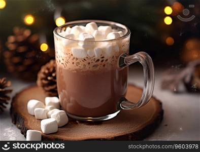 Glass cup with hot chocolate and marshmallows on christmas table.AI Generative