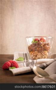Glass cups of chocolate and chestnuts mousse with roasted almonds and oats decorated with raspberry and mint leaves.