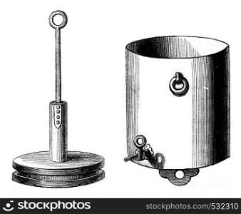 Glass cylinder details that attracts and its piston, vintage engraved illustration. Magasin Pittoresque 1852.