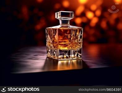 Glass decanter bottle with whiskey,cognac or brandy on black background.AI Generative