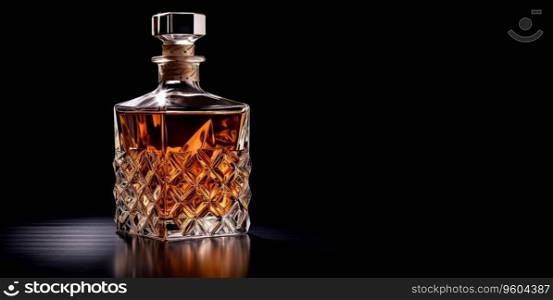 Glass decanter bottle with whiskey on black background.AI Generative