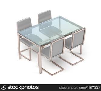 Glass dining table and four leather chairs on white background