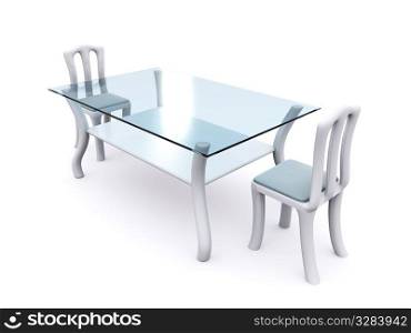 glass dining table with two chairs. 3d