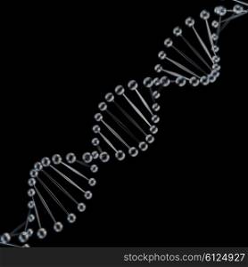 Glass DNA spiral 3D render on black background.