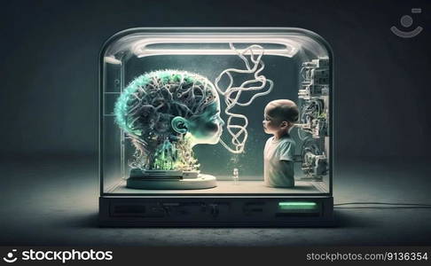 Glass dome with an artificial open electronic brain and the torso of a little boy absorbing the knowledge, made with generative ai