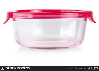 glass food container with red plastic lid isolated on white background