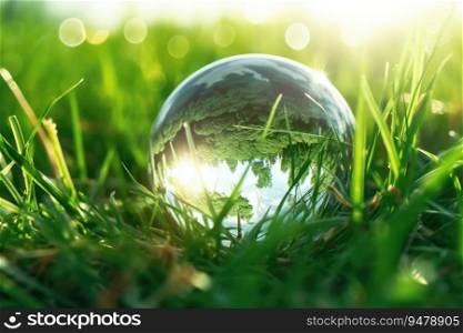 Glass globe in green grass at sunny background. Concept of the Environment World Earth Day. Generative AI