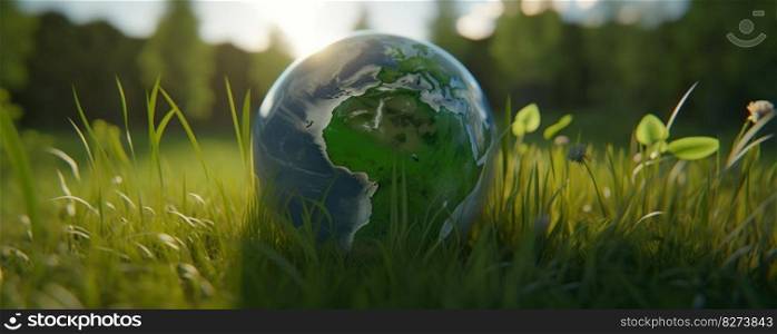 Glass globe on fresh green moss, a symbolic representation of our commitment to preserving the planet&rsquo;s natural beauty and resources. World Environment Day. AI Generative.