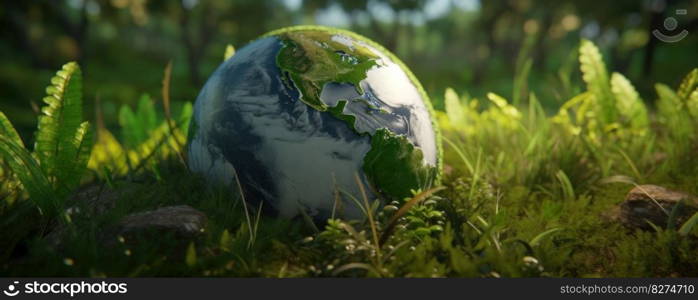 Glass globe set atop a bed of lush, vibrant green moss in a stunning nature setting. Celebrating World Environment Day and promoting eco-friendly practices and conservation efforts. AI Generative