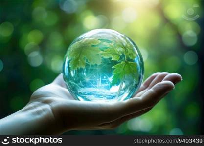 Glass globe with green leaf in human hand. save the world concept