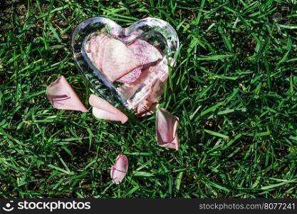Glass heart with rose petals on green grass
