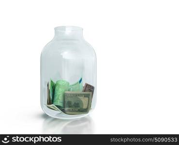 Glass jar filled with money on white background.