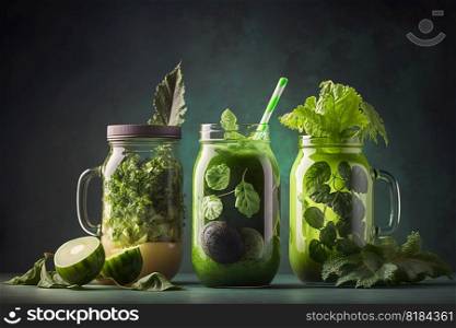 Glass jar mugs with organic food drink for healthy cooking , Generate Ai