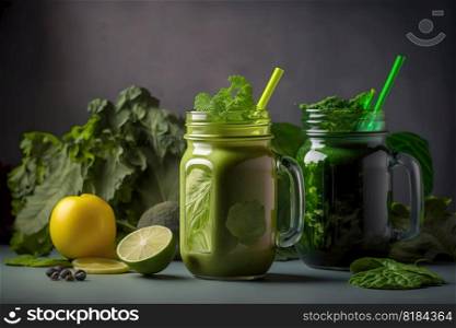 Glass jar mugs with organic food drink for healthy cooking , Generate Ai