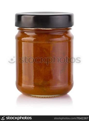 glass jar of apricot jam isolated on white with clipping path