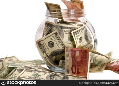 Glass jar of dollar,euro on a white background