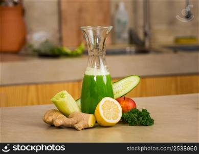 Glass jar of green juice, a detox beverage.