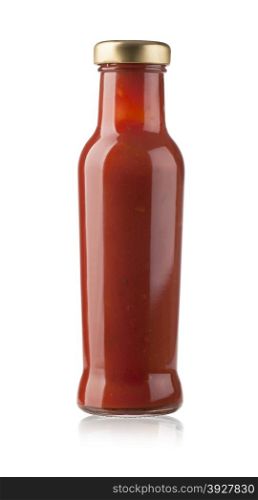 glass jar of hot tomato sauce on a white background. with clipping path