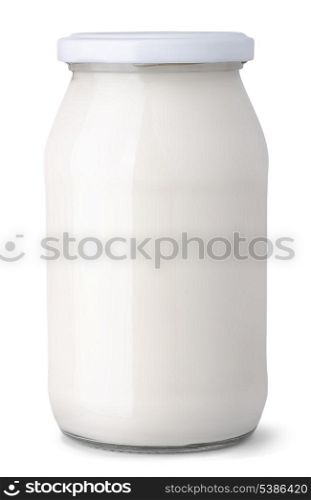 Glass jar of milk cream isolated on white