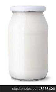 Glass jar of milk cream isolated on white