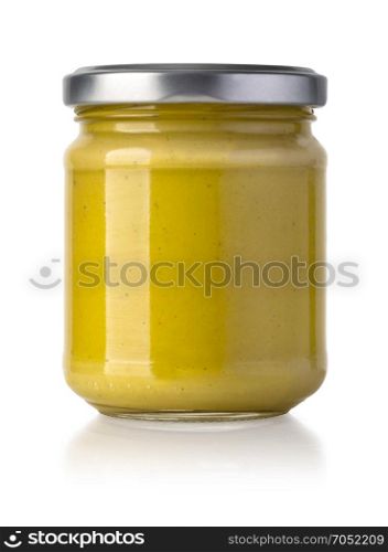 Glass jar of mustard isolated on the white background with clipping path