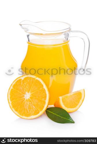 Glass jar of organic fresh orange smoothie juice with raw oranges on white background