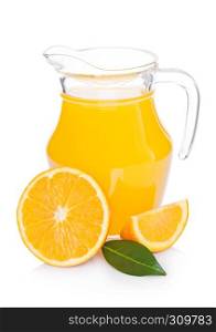 Glass jar of organic fresh orange smoothie juice with raw oranges on white background