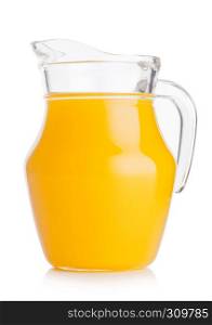 Glass jar of organic fresh orange smoothie juice with reflection on white background