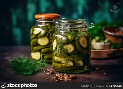 Glass jar of pickled gherkins with spices. Generative AI