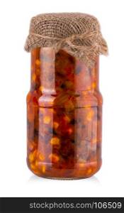Glass jar of preserved beans with corn on white background