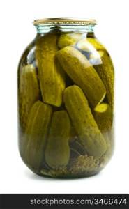 Glass jar of preserved gherkins isolated on white
